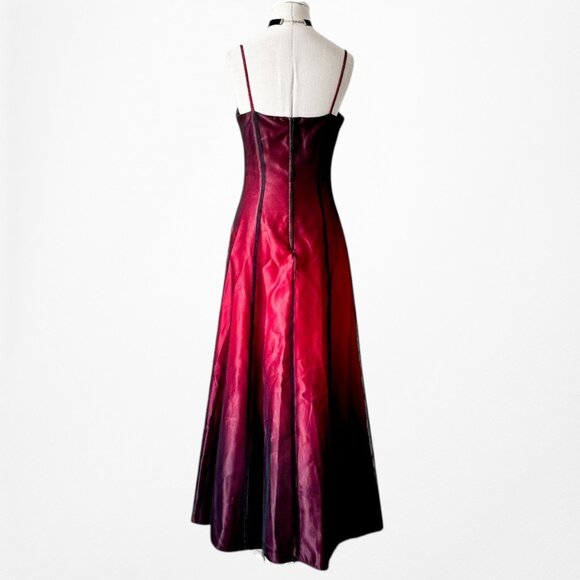 Vintage Burgundy Red Floral Beaded Ombre Mesh Satin Fit Flared Maxi Prom Dress L - Picture 5 of 7